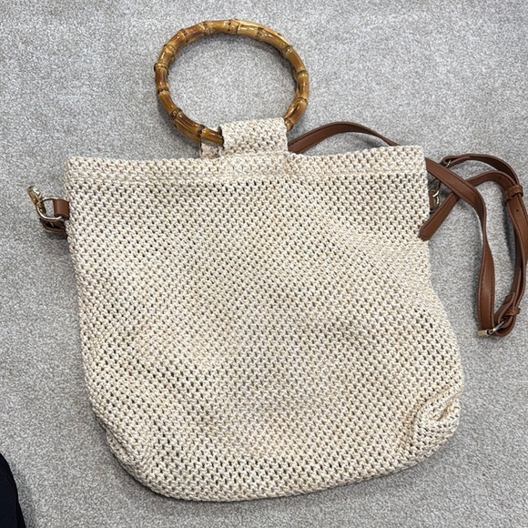 Cream and Brown Crescent Shoulder Bag with Bamboo Accent - Picture 2 of 6